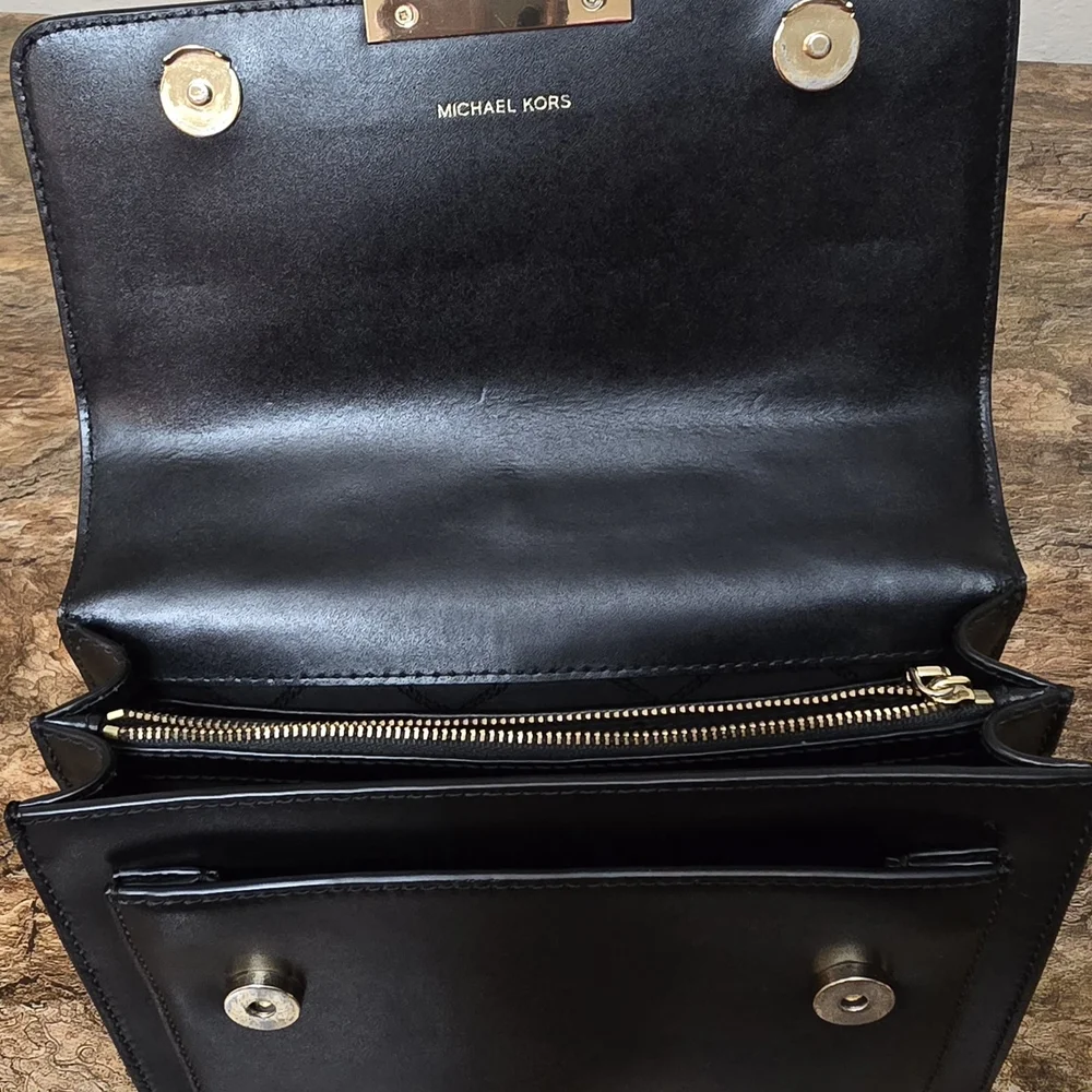 Michael Kors Black Leather Shoulder Bag w/ Gold Chain Strap + FREE Bag Scarf